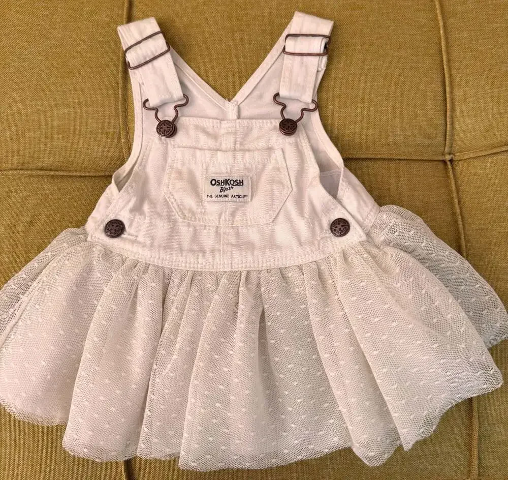 OshKosh B'gosh Off White Denim Overall Dress With Tulle Skirt Size 3M